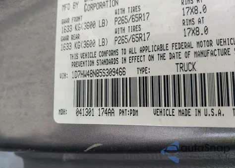 2005 Dodge Dakota Slt from USA, damaged, VIN 1D7HW48N85S309466